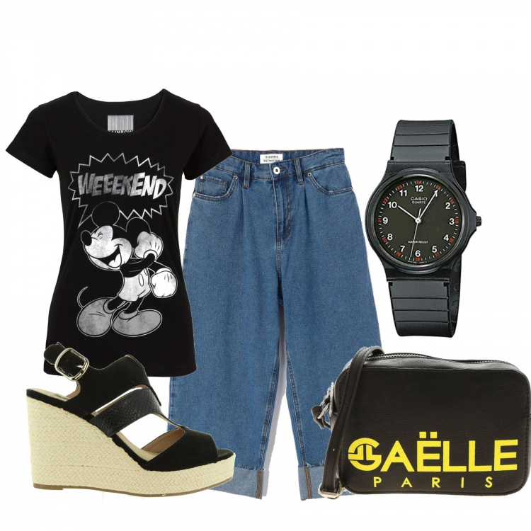 Outfit donna - Basic #28074. Stile Basic per Tutti i giorni. Abbinamento con t-shirt, jeans, sandali, orologi analogici, borse a spalla.