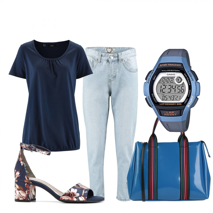 Outfit donna - Basic #28076. Stile Basic per Tutti i giorni. Abbinamento con t-shirt, sandali col tacco, borse a mano, jeans, orologi digitali.