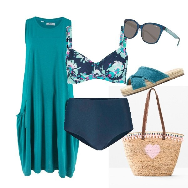 Outfit donna - In spiaggia a mio agio. Stile Basic per Mare. Abbinamento con vestiti, bikini, bikini, shopping bag, ciabatte, occhiali da sole.