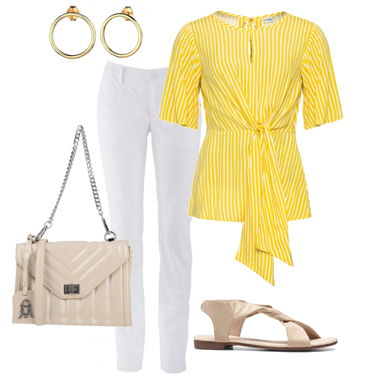 Outfit donna - Un tocco di giallo. Stile Basic per Ufficio. Abbinamento con pantaloni, bluse, sandali, borse a mano, orecchini.