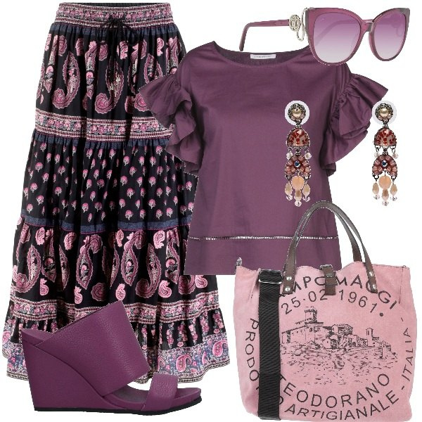 Outfit donna - Zeppe+maxi gonna. Stile Trendy per Tutti i giorni. Abbinamento con gonne lunghe, bluse, orecchini, borse a mano, sandali col tacco, occhiali da sole.