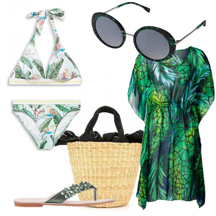 Outfit donna - Finalmente al mare. Stile Trendy per Mare. Abbinamento con vestiti da spiaggia, infradito, borse tote, bikini, bikini, occhiali da sole.