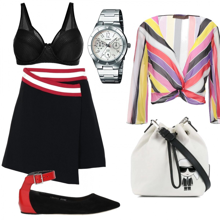 Outfit donna - Righe trasversali. Stile Trendy per Serata fuori. Abbinamento con reggiseni, gonne longuette, camicie, ballerine, borse a secchiello, orologi analogici.