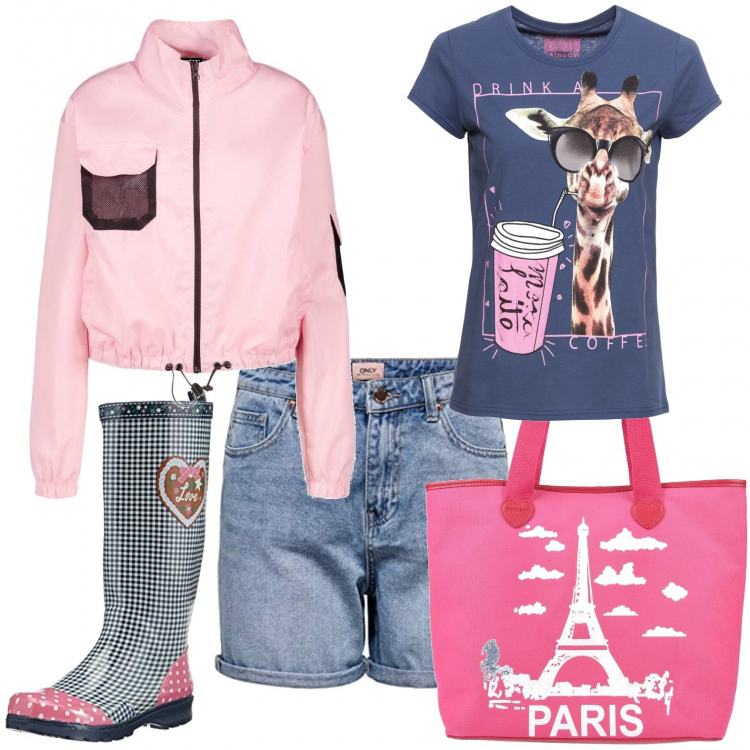 Outfit donna - Temporale d\'agosto. Stile Urban per Tutti i giorni. Abbinamento con t-shirt, borse a mano, blazer, stivali di gomma, shorts.