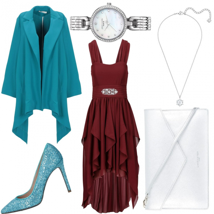 Outfit femme - Rendez-vous gallant. Style Chic pour Soirée dehors. Assortir avec robes asymétriques, blazers, chaussures à talon, clutches, pendentifs, montres analogiques.