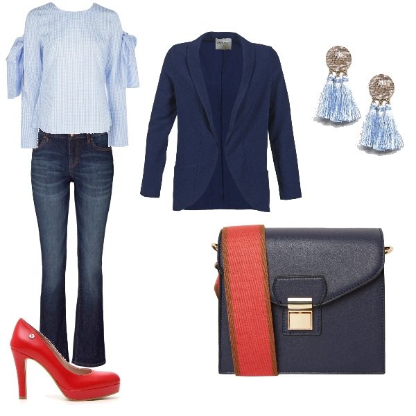 Outfit donna - Camicia celeste. Stile Basic per Ufficio. Abbinamento con jeans bootcut, borsa a tracolla con zip in pelle blu, orecchini farfalla con nappine blu e oro.