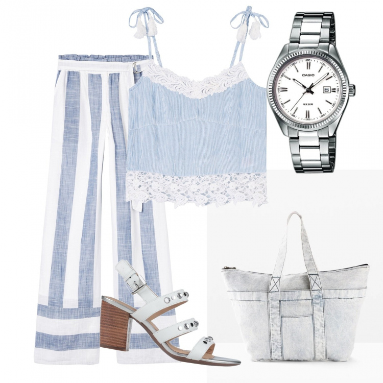 Outfit donna - Urban #17149. Stile Urban per Tutti i giorni. Abbinamento con sandali col tacco, gonne longuette, pantaloni a palazzo, canottiere, orologi analogici.