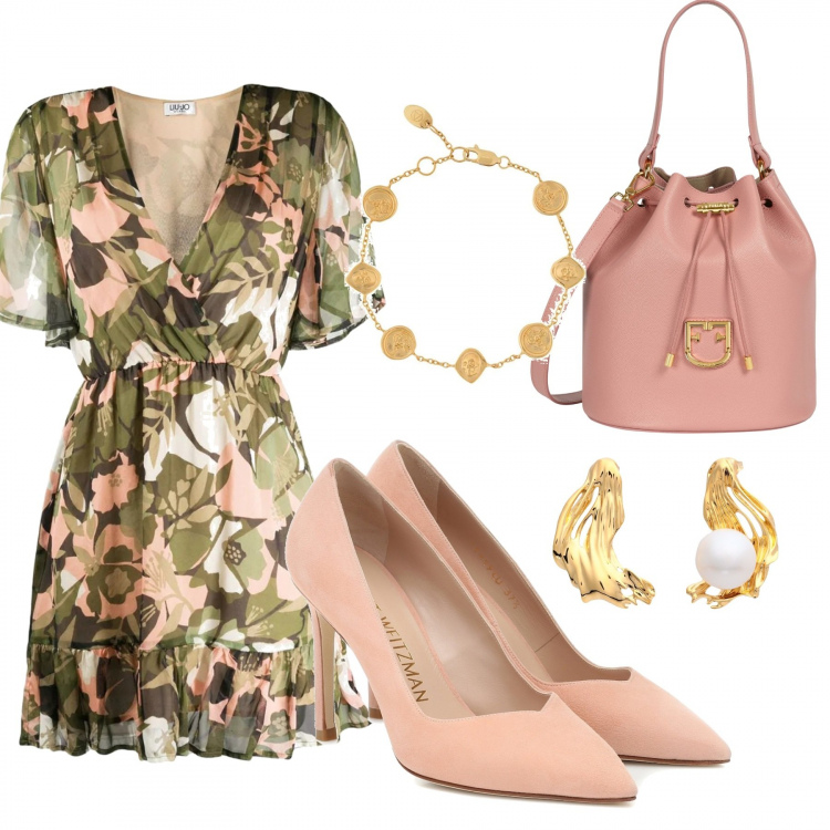 Outfit donna - Bon Ton #20019. Stile Bon Ton per Serata fuori. Abbinamento con borse a mano, orecchini, vestiti lunghi, braccialetti con ciondoli, décolleté.