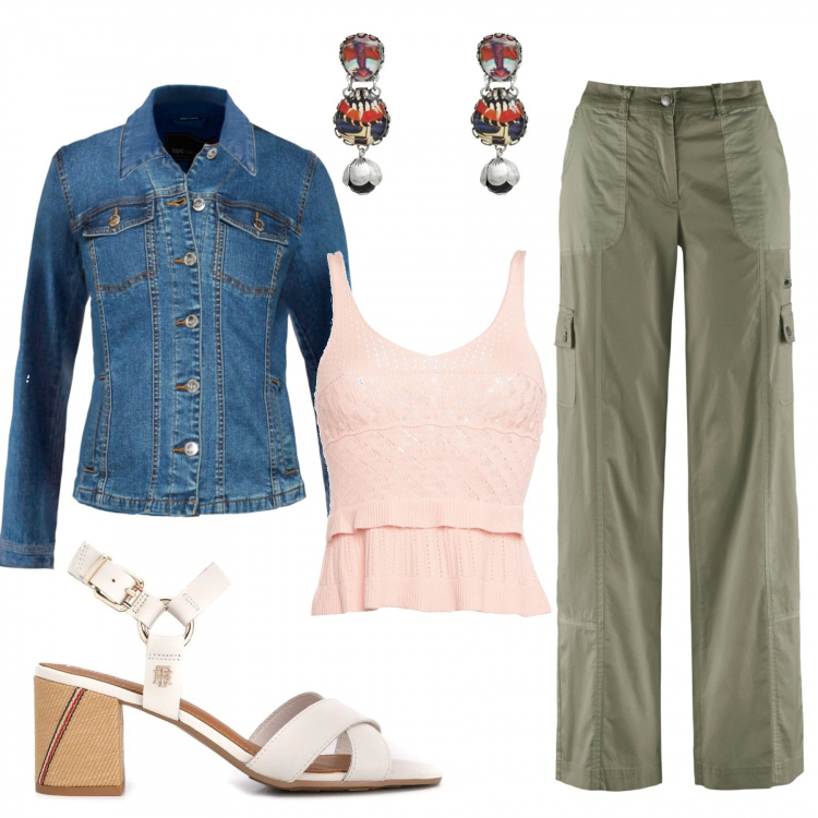Outfit donna - Semplicemente. Stile Trendy per Tutti i giorni. Abbinamento con pantaloni cargo, blazer, top, orecchini, sandali in pelle.