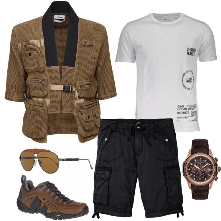 Outfit uomo - Avventura esplorativa. Stile Trendy per Tutti i giorni. Abbinamento con bermuda, sneakers, giacche, orologi, t-shirt, occhiali da sole.