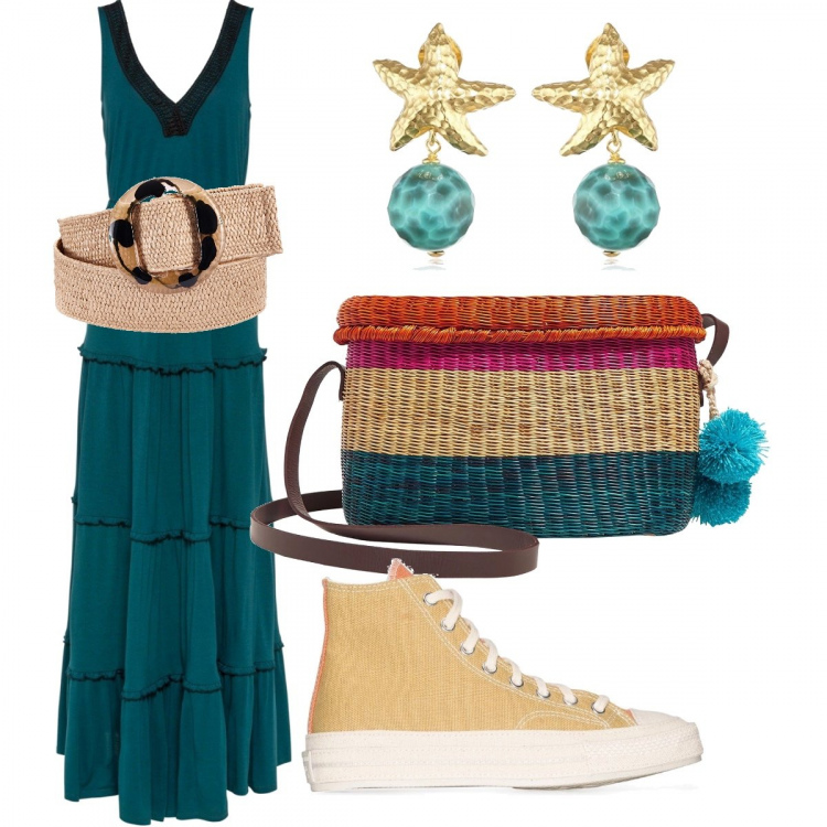 Outfit donna - Fantastiche Converse. Stile Etnico per Serata fuori. Abbinamento con cinture, vestiti lunghi, borse a tracolla, sneakers alte, orecchini.