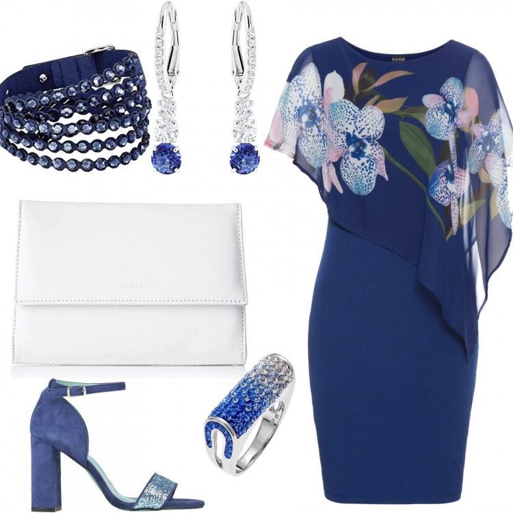 Outfit femme - Une soirée en robe bleue. Style Chic pour Cérémonie. Assortir avec robes longues, sandales à talon, bagues, pochette, bracelets, boucles d'oreilles.
