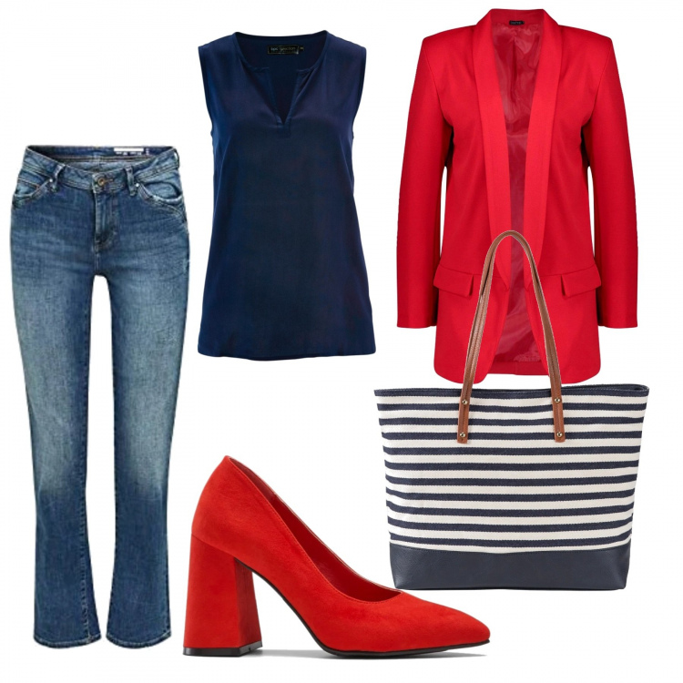 Outfit donna - Outfit curvy. Stile Urban per Ufficio. Abbinamento con top, shopping bag, décolleté, blazer, jeans dritti.