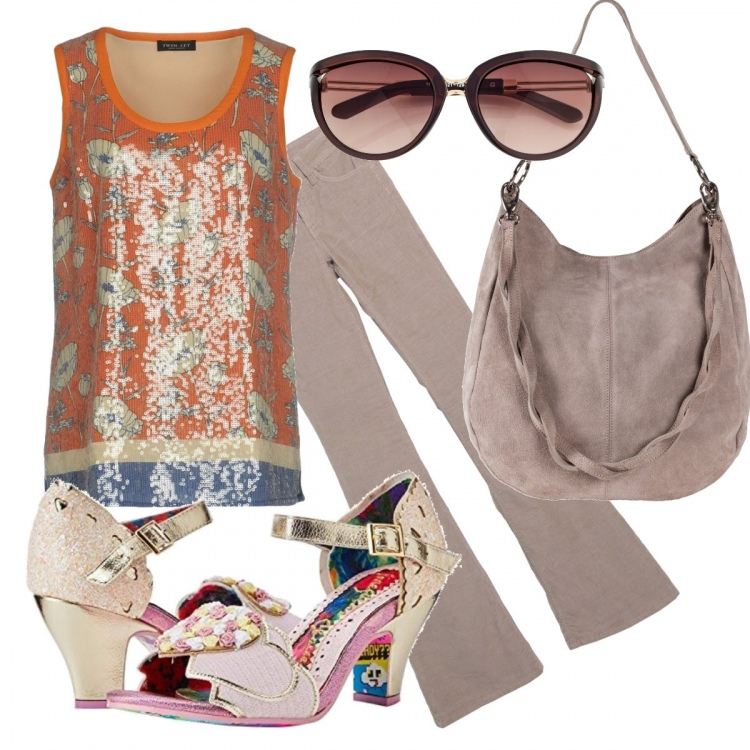 Outfit donna - Total look #633418. Abbinamento con borse a mano, occhiali da sole, top, pantaloni, scarpe col tacco.