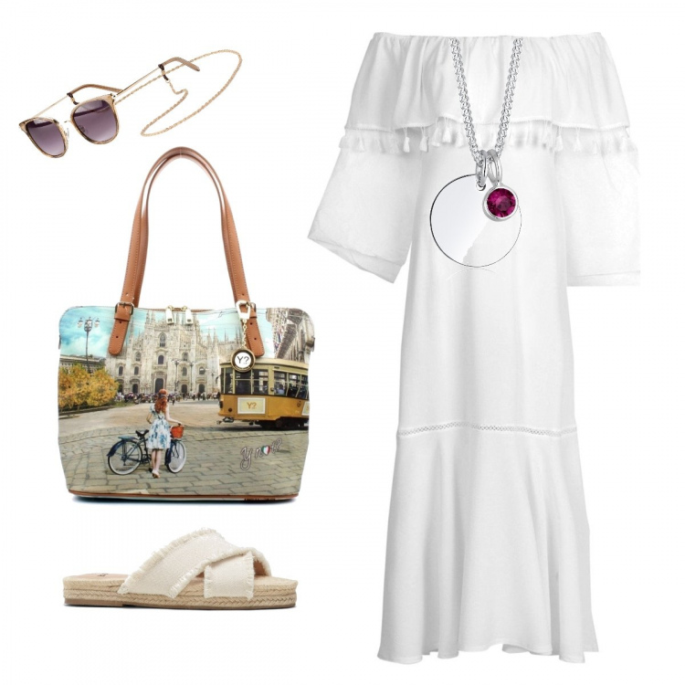 Outfit donna - Abito lungo. Stile Basic per Tutti i giorni. Abbinamento con ciabatte, occhiali da sole, vestiti lunghi, shopping bag, collane.