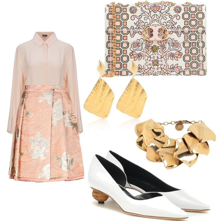 Outfit donna - Bon ton. Stile Bon Ton per Serata fuori. Abbinamento con gonne longuette, braccialetti, camicie, borse a spalla, orecchini, décolleté.