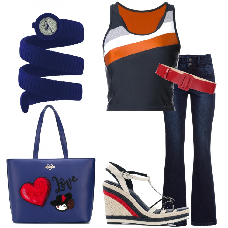Outfit donna - Oggi faccio shopping. Stile Basic per Tutti i giorni. Abbinamento con jeans bootcut, cinture, sandali col tacco, canottiere, shopping bag, orologi.