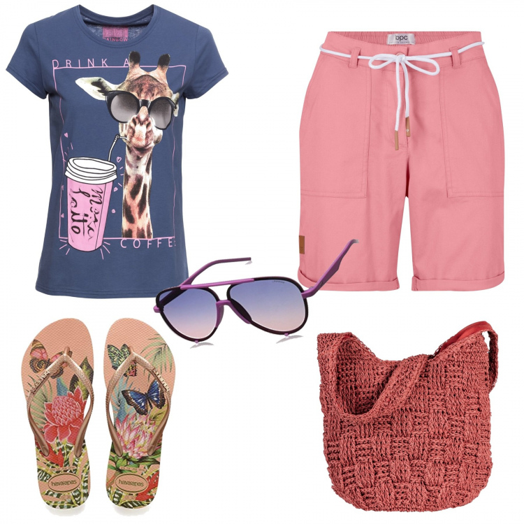 Outfit donna - Curvy style : ferie finalmente. Stile Basic per Tutti i giorni. Abbinamento con t-shirt, shorts, shopping bag, infradito, occhiali da sole.