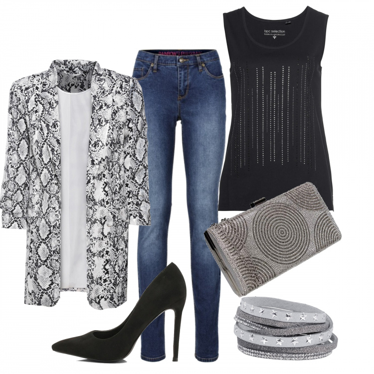 Outfit donna - Sfumature di rock. Stile Rock per Serata fuori. Abbinamento con jeans skinny, top, blazer, braccialetti, scarpe col tacco, pochette.