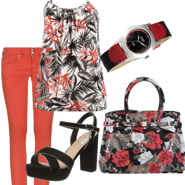 Outfit donna - Fiori rossi. Stile Basic per Tutti i giorni. Abbinamento con top, jeans, borse a mano, scarpe col tacco, orologi.
