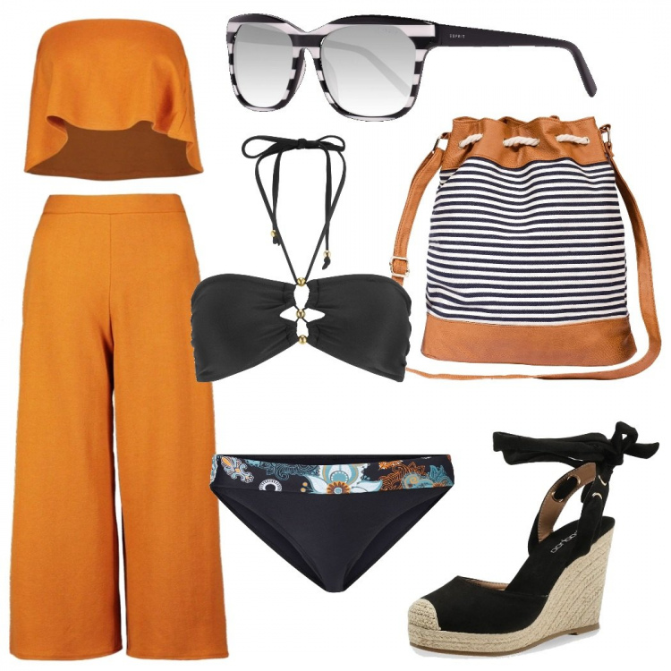 Outfit donna - Bikini nero con dettagli a contrasto. Stile Basic per Mare. Abbinamento con culotte, shopping bag, bikini, top, zeppe, occhiali da sole.
