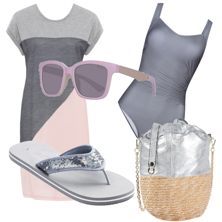 Outfit donna - Rosa e grigio per il mare. Stile Basic per Mare. Abbinamento con infradito, vestiti, costumi interi, borse a spalla, occhiali da sole.