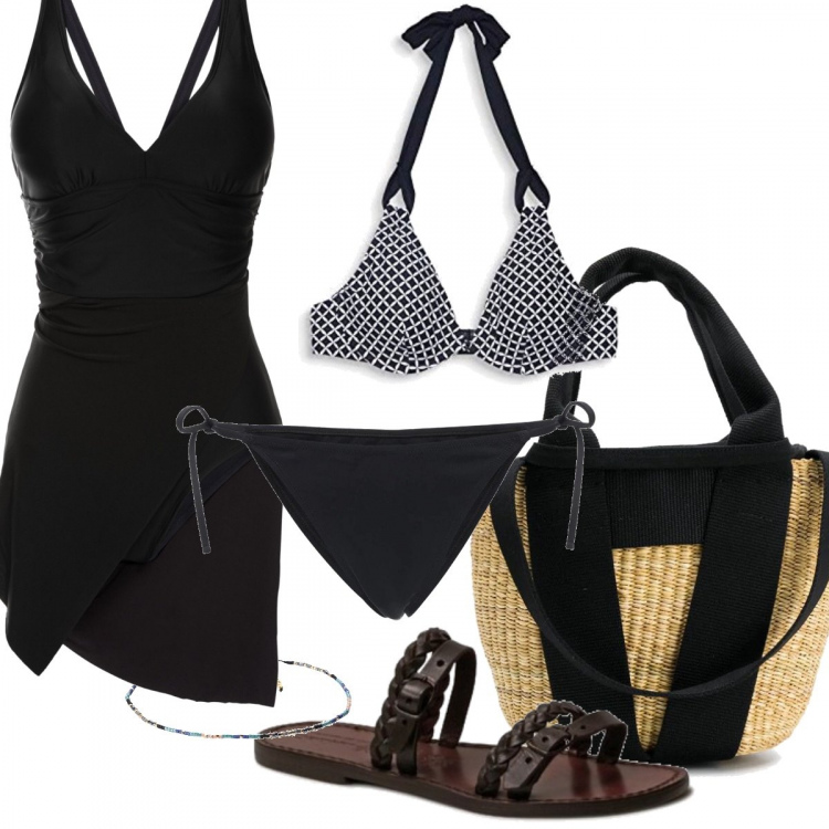 Outfit donna - Al mare. Stile Trendy per Mare. Abbinamento con vestiti da spiaggia, braccialetti, ciabatte, borse a secchiello, bikini, bikini.