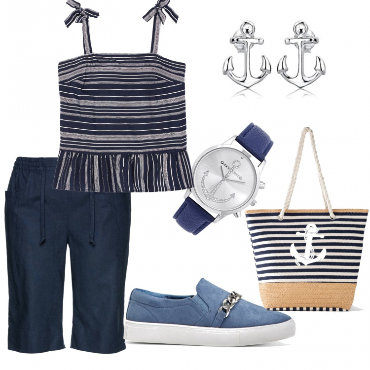 Outfit donna - Leviamo l\'ancora. Stile Basic per Mare. Abbinamento con bermuda, mocassini, shopping bag, orologi, canottiere, orecchini.