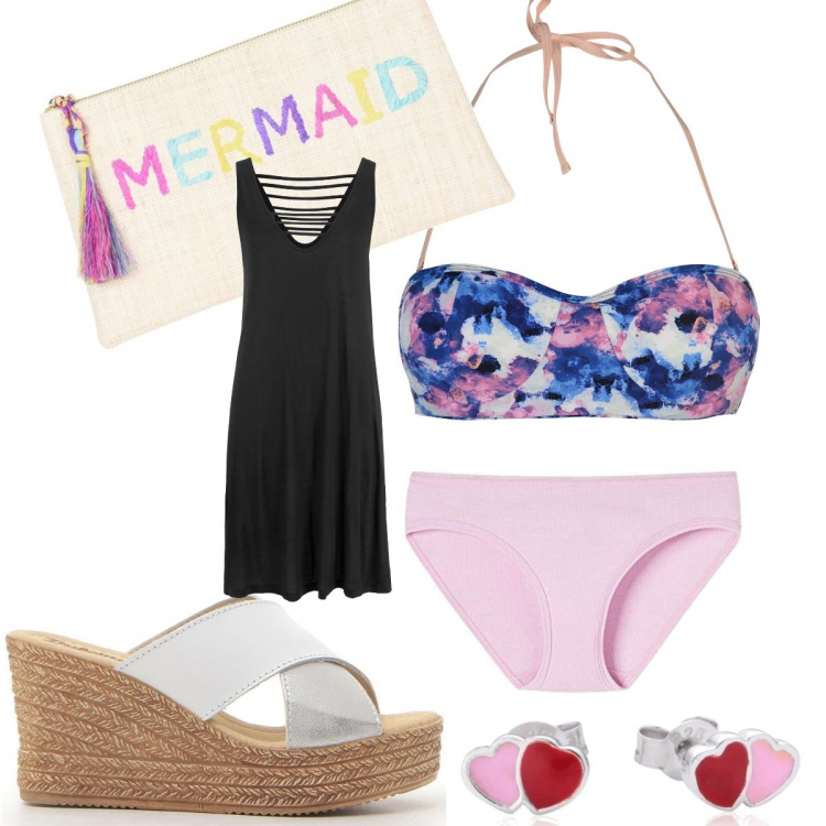 Outfit donna - Basic #28516. Stile Basic Abbinamento con vestiti da spiaggia, borse a mano, ciabatte, costumi, slip, orecchini.
