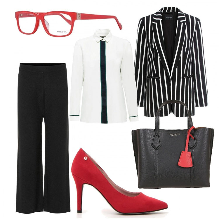 Outfit donna - Business appointment. Stile Chic per Ufficio. Abbinamento con blazer, camicie, décolleté, borse tote, pantaloni a palazzo, occhiali.