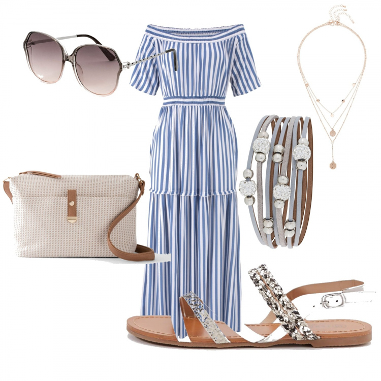 Outfit donna - Estate. Stile Trendy Abbinamento con vestiti, occhiali da sole, maglieria, borse a tracolla, ciondoli, sandali.