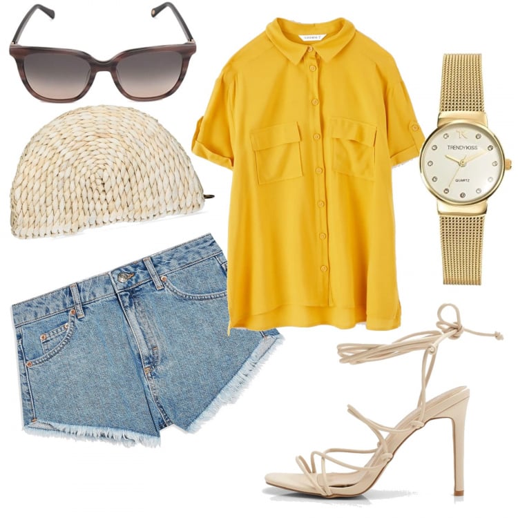 Outfit mujer - Short pants. Estilo Trendy para Todos los días. Combinación con relojes analógicos, gafas de sol, carteras, camisas de manga corta, sandalias de tacón, shorts.