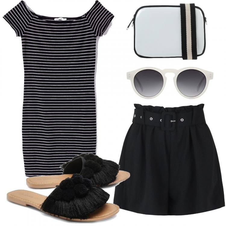 Outfit donna - Righe + ciabattine trendy. Stile Trendy per Tutti i giorni. Abbinamento con borse a spalla, vestiti, pantaloni corti, ciabatte, occhiali da sole.