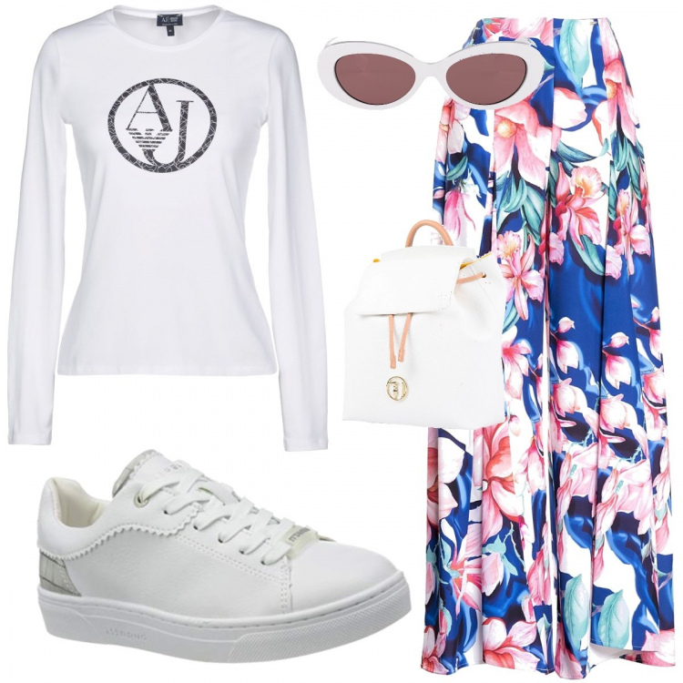 Outfit donna - Pantalone fantasia e t-shirt bianca. Stile Trendy per Tutti i giorni. Abbinamento con t-shirt, zaini, pantaloni a palazzo, occhiali da sole, sneakers.