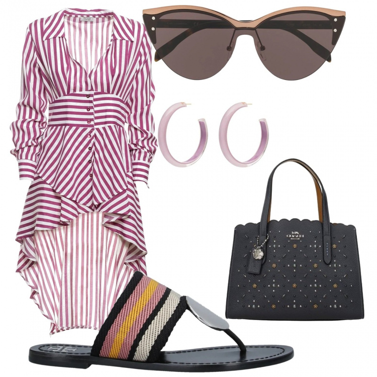 Outfit donna - Ciabatta trendy. Stile Trendy per Tutti i giorni. Abbinamento con infradito, bluse, borse a mano, occhiali da sole, orecchini.