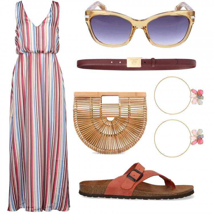 Outfit mujer - Chanclas + vestido de rayas. Estilo Trendy para Todos los días. Combinación con gafas de sol, chanclas, vestidos largos, pendientes, bolso tote, cinturones.