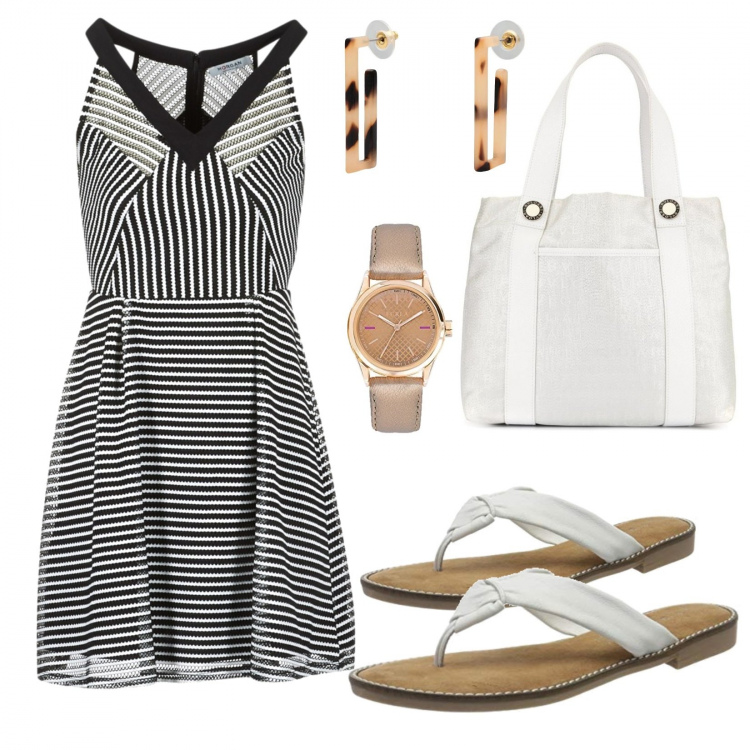 Outfit mujer - Vestido rayas+ chanclas. Estilo Bon Ton para Todos los días. Combinación con zuecos, relojes analógicos, vestidos, pendientes, bolso shopper.