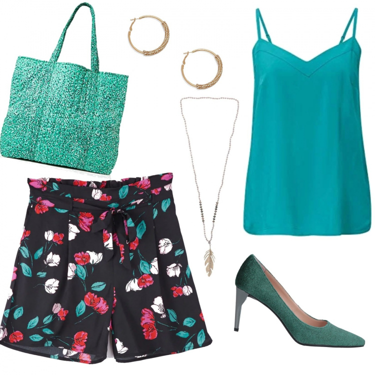 Outfit mujer - Total look!!. Estilo Chic para Todos los días. Combinación con blusas, bolso shopper, collares, pantalones cortos, salones, pendientes.