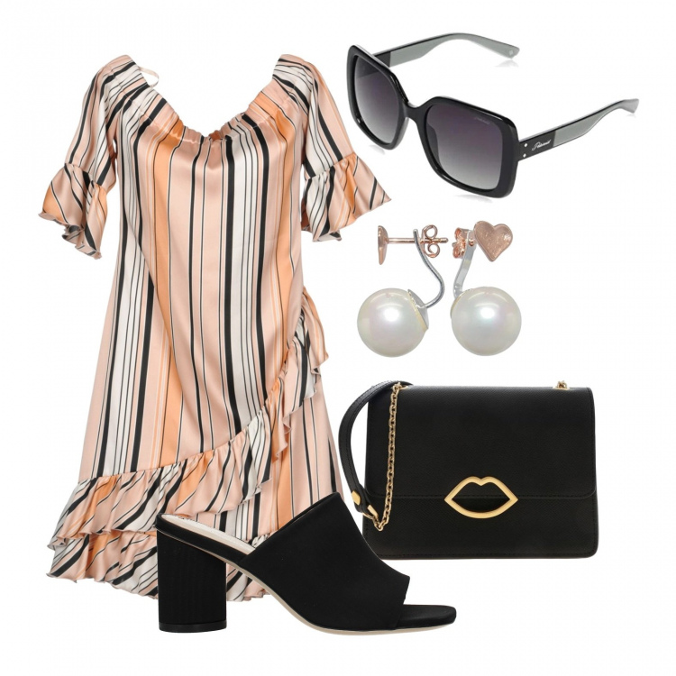 Outfit donna - Vestito a righe e ciabatta trendy. Stile Trendy per Tutti i giorni. Abbinamento con vestiti corti, sandali, occhiali da sole, borse a spalla, orecchini.