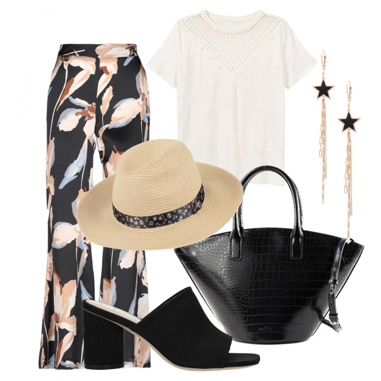 Outfit donna - Pantalone fantasia e t-shirt bianca. Stile Trendy per Tutti i giorni. Abbinamento con pantaloni, cappelli, orecchini, sandali, t-shirt, shopping bag.