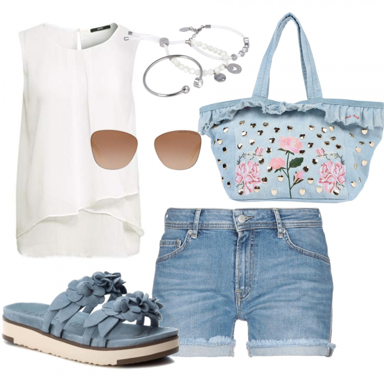 Outfit mujer - Vivan los shorts. Estilo Trendy para Todos los días. Combinación con blusas, gafas de sol, sandalias, pulseras, shorts, bolsos de mano.