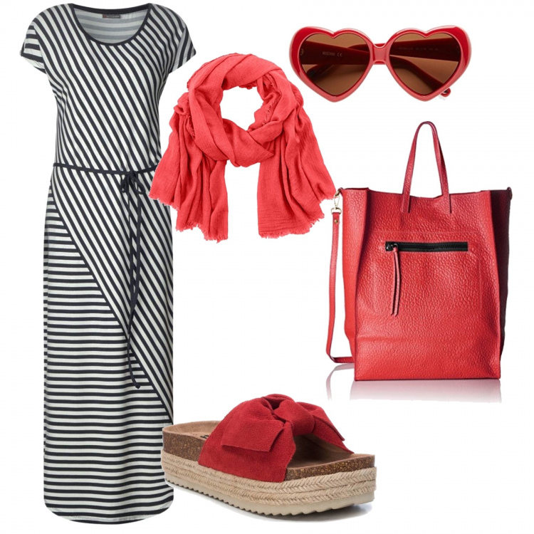 Outfit mujer - Vestido a rayas. Estilo Trendy para Todos los días. Combinación con vestidos largos, bandoleras, gafas de sol, bufandas, sandalias.
