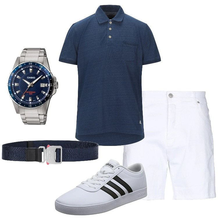 Outfit uomo - La polo rigorosamente blu. Stile Casual per Tutti i giorni. Abbinamento con polo, bermuda, cinture, sneakers, orologi analogici.
