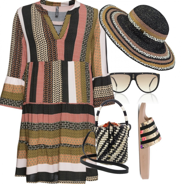 Outfit femme - Look Apéritif en terrasse. Style Bon Ton pour Tous les jours. Assortir avec robes longues, mules, sacs seau, chapeaux, lunettes de soleil.