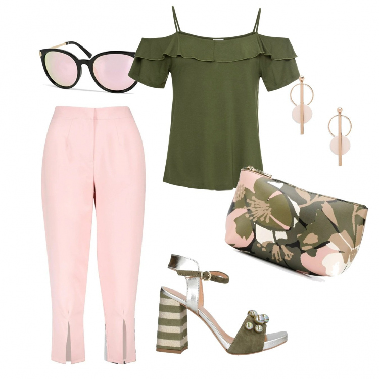 Outfit femme - PaNta rose. Style Bon Ton pour Tous les jours. Assortir avec hauts, pantalon , sandales à talon, sacs, boucles d'oreilles, lunettes de soleil.