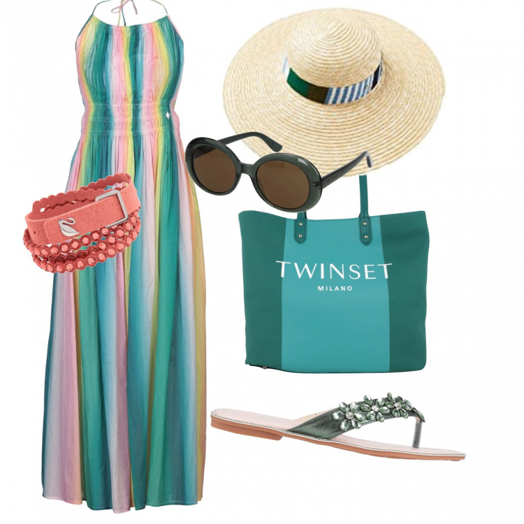 Outfit donna - Abbiamo detto righine?. Stile Trendy per Mare. Abbinamento con vestiti lunghi, infradito, braccialetti, occhiali da sole, borse tote, cappelli.