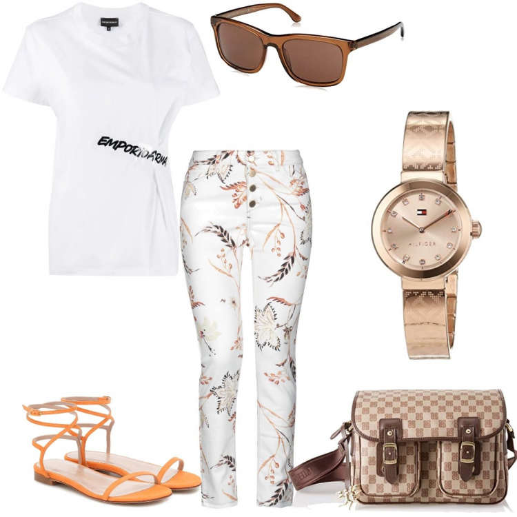 Outfit donna - Pantalone fantasia +T-shirt bianca. Stile Urban per Ufficio. Abbinamento con pantaloni, t-shirt, borse a tracolla, sandali in pelle, orologi, occhiali da sole.