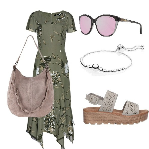 Outfit donna - In ufficio fresca e comoda. Stile Basic per Tutti i giorni. Abbinamento con borse a mano, vestiti, sandali, braccialetti, occhiali da sole.