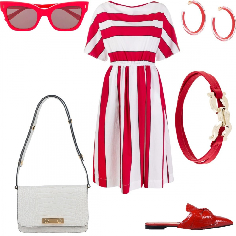 Outfit donna - Ciabattina Trendy+Vestito a righe. Stile Bon Ton per Ufficio. Abbinamento con sabot, borse a mano, vestiti midi/longuette, braccialetti, occhiali da sole, orecchini.