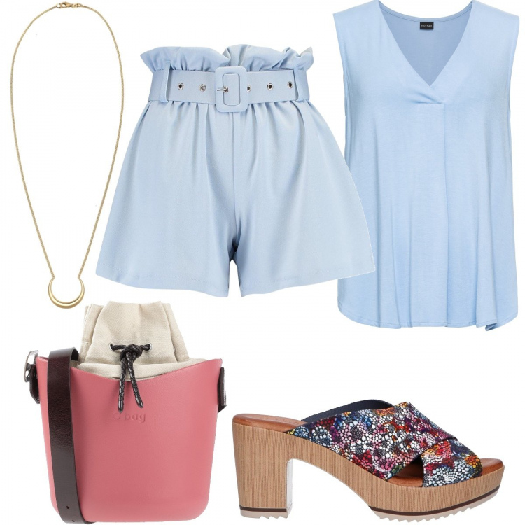 Outfit donna - Shorts. Stile Basic per Tutti i giorni. Abbinamento con top, borse a spalla, pantaloni corti, sandali, collane.